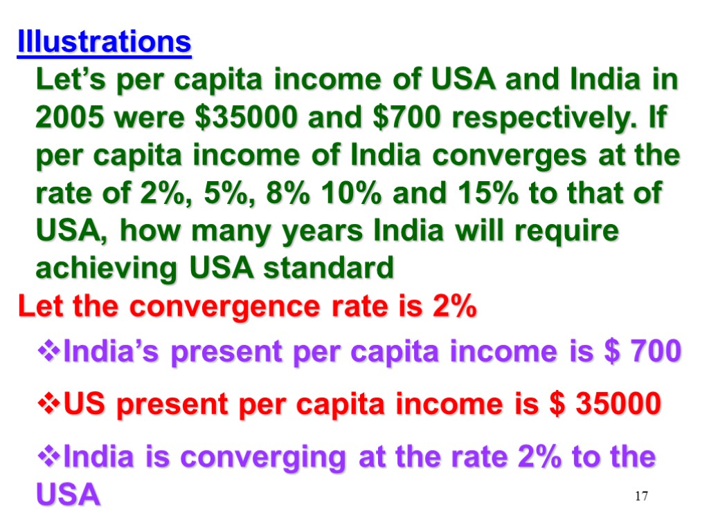 17 Illustrations Let’s per capita income of USA and India in 2005 were $35000